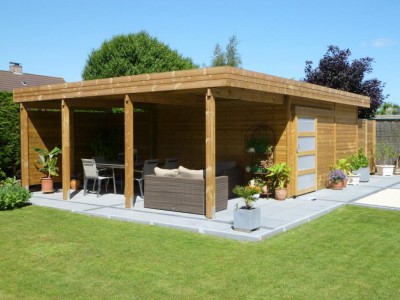 Abri de jardin toit plat en bois avec terrasse